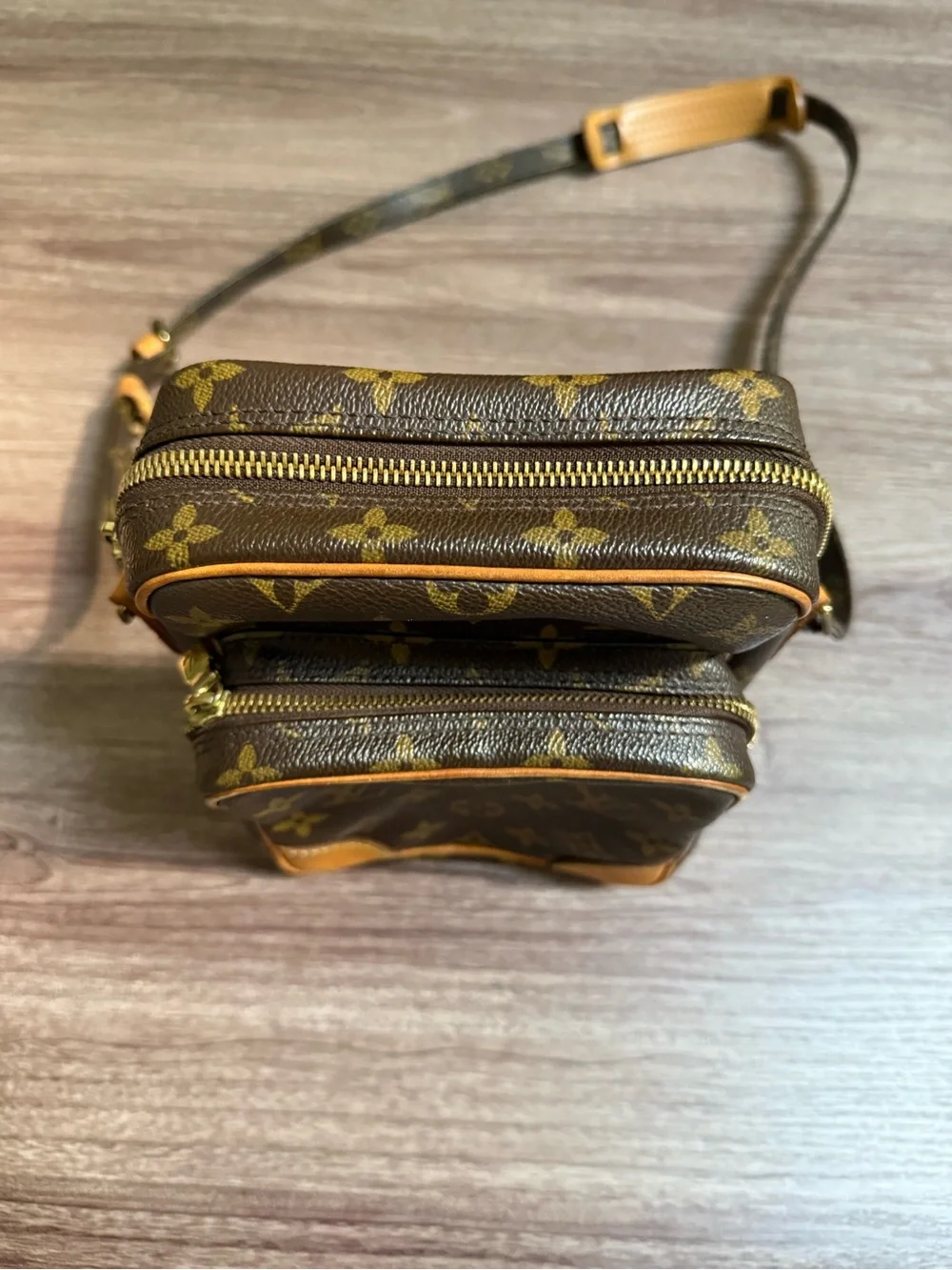 Louis Vuitton Brown Monogram Canvas Crossbody Bag with Tan Trim and Beige Strap